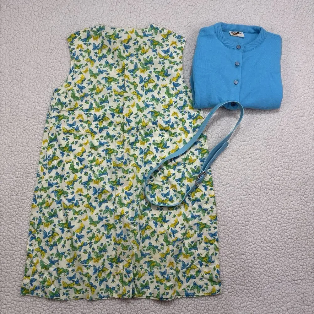 Vintage 60s 70s Child Novelty Butterfly Print Dress Cardigan Belt Green Blue Mod